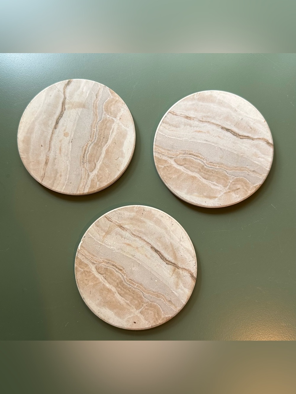 Round, absorbent, stone coasters • In like new condition • set of 3 • cork